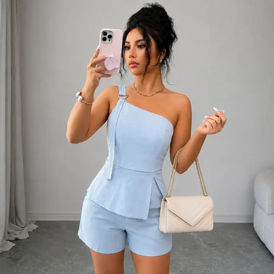 Conjunto Feminino Alfaiataria Blusa Um Ombro Só E Shorts Casual Elegante Festa Verão COD 133