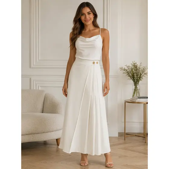 Saia Longa Feminina Alfaiataria Cintura Alta Transpassada Com Pregas Casual Elegante COD 22