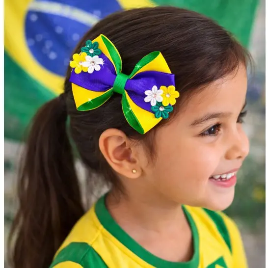 Laço Infantil Brasil Luxo 🇧🇷Eleições | Alta Qualidade| Laço de Cabelo Infantil Verde e Amarelo