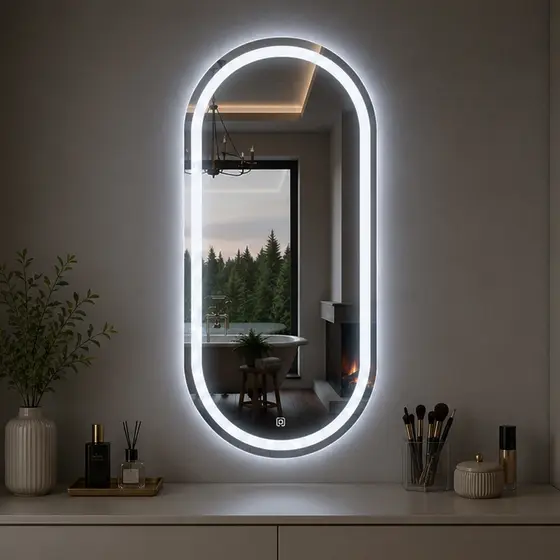 Espelho Oval Jateado Com Led e Botão Touch 80x50cm Lapidado Decoração Quarto Sala