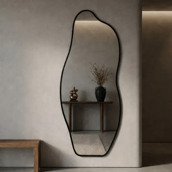 Espelho Orgânico Modelo Flame com Moldura de Couro 120x50cm Moderno Grande Luxo