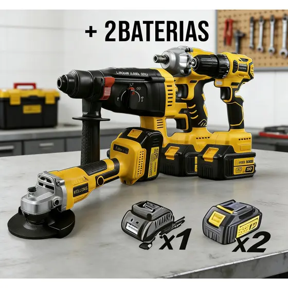 Kit de ferramentas profissional 4 em 1 : Furadeira, Chave De Impacto, Esmerilhadeira Angular, parafusadeira +2 bateria