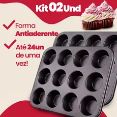 Kit 2 Formas Cupcake Antiaderente 24 Cavidades 12 Premium Assadeira Pão de Mel E Queijo Grande