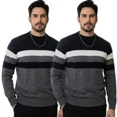 Kit 2 Blusa Masculina Manga Longa Gola Redonda Suéter Tricot Listrado