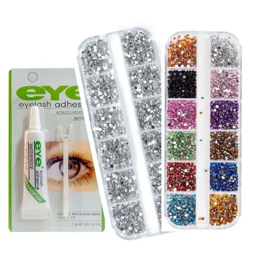 Kit Estojo Strass Prata + Kit Estojo Strass Colorido ou Kit Estojo Strass Colorido Coração Para Maquiagem e Nail Art + C