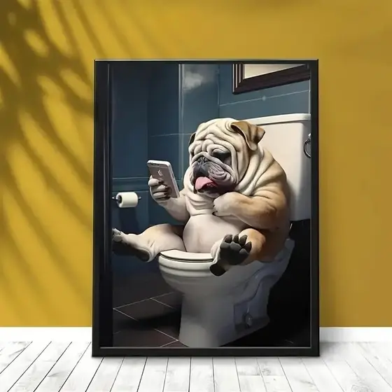 Quadro decorativo 1 peça 90x70 Cachorro cão Buldogue divertido irreverente banheiro celular abstrato para sala quarto