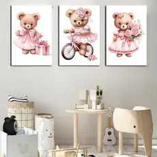 Quadros de decoração para quarto infantil, Ursinha, ursa rosa, Bicicleta flores, kit com 3 placas - Tam 20x30cm