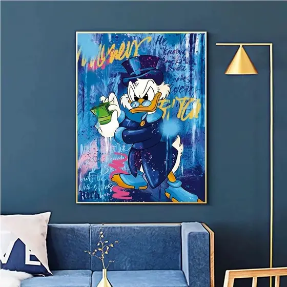 Quadro decorativo 90x70 Tio Patinhas Pato Rick Dinheiro Money Azul decoração para quarto sala