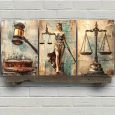 Kit 3 Quadros Justiça Rústico Vintage Temis Balança e Martelo Decoração Jurídica Clássica Escritório