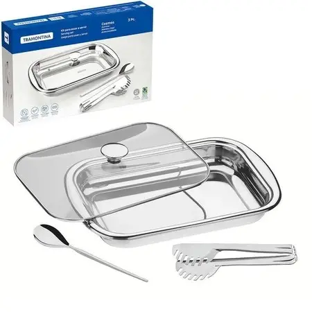 Kit para Assar e Servir Tramontina Cosmos em Aço Inox com Tampa de Vidro 3 Peças