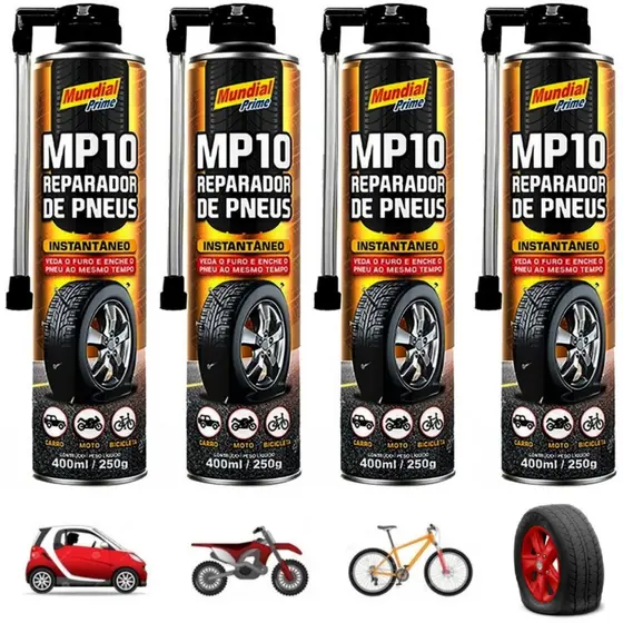 4 REPARADOR PNEU FURADOS SPRAY INSTANTÂNEO 400ML VEDA FURO ENCHE BICICLETA CARRO MOTO BIKE INFLADOR