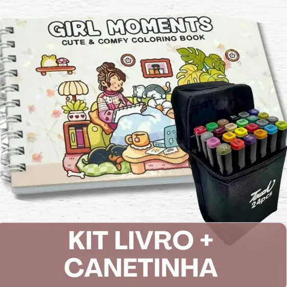 Livro de Colorir Capa dura + Canetinhas   GIRL MOMENTS