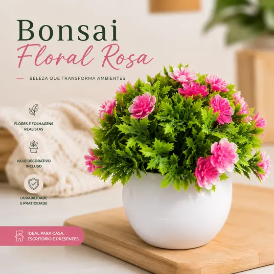 Bonsai Floral Rosa Artificial com Vaso Decorativo Elegância Sem Manutenção Charme e Beleza Decoração