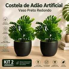 Kit 2 Plantas Decorativas Costela de Adão Artificial Vaso Preto Redondo Beleza sem Cuidados