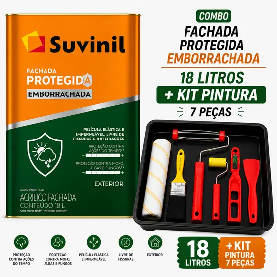 Tinta Fachada Protegida Emborrachada Branco Neve 18L + Kit Pintura 7 pçs Suvinil