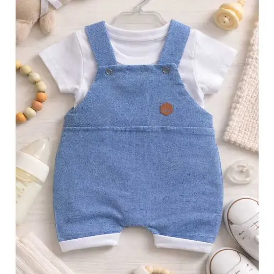 Conjunto Bebê Masculino Jardineira Azul com Camiseta Branca Roupa de Bebê Confortável Macacão Infantil RN á 4 Meses