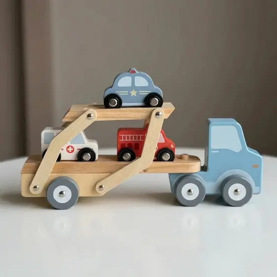 Caminhão cegonha madeira com carros brinquedo infantil estimula coordenação motora e faz de conta 2+
