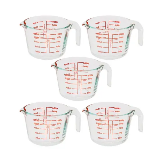 Kit 5 Jarra De Vidro Medidora Graduado 1L Com Alça Bico Temperado Culinária Receita Cozinha