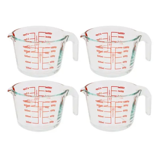 Kit 4 Jarra De Vidro Medidora Graduado 1L Com Alça Bico Temperado Culinária Receita Cozinha