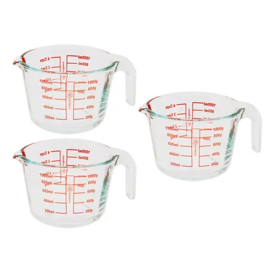 Kit 3 Jarra De Vidro Medidora Graduado 1L Com Alça Bico Temperado Culinária Receita Cozinha