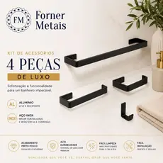 Kit Acessorios Para Banheiro Preto Fosco 4 Peças Quadrado em alumínio