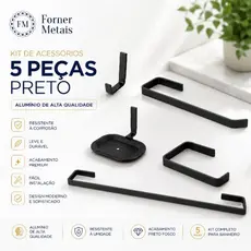 Kit de Acessórios Para Banheiro Preto 5 Peças Porta Toalha, Papeleira , Saboneteira e Cabideiro