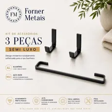 Kit Banheiro Porta Toalha e 2 Ganchos  Preto Fosco/Suporte de Toalha e Ganchos