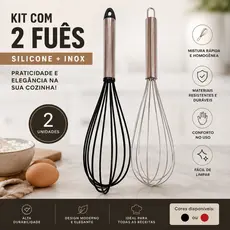 Kit 2 Fuês Batedores Manuais Premium Silicone e Aço Inox – Preto e Inox | Misturador para Bolos, Massas e Molhos