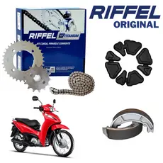 KIT RELAÇÃO TRANSMISSÃO BIZ 125 ORIGINAL RIFFEL + LONA + COXIM