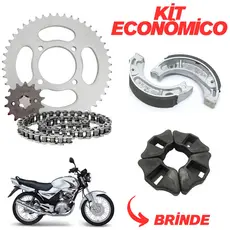 Kit Relação/Transmissão/Tração + Coxim (Bucha) Da Coroa + Patins De Freio YBR 125 (2000 à 2008) Factor 125 (2009 à 2014)