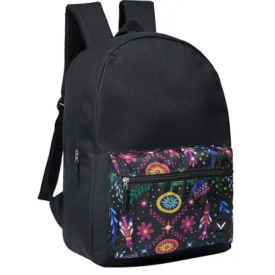 Mochila Escolar Feminina Preta Estampada 18,4 Litros Com Bolso Frontal