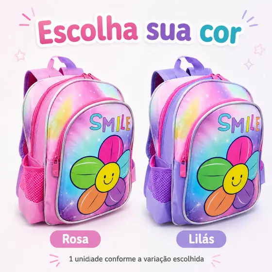 Mochila Infantil Feminina Flor Pequena Smile Rosa Moderna Volta às Aulas