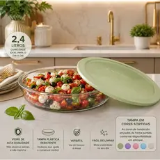 Tigela Round Vidro Com Tampa Plastica 2,4 Litros 26cm Vitazza
