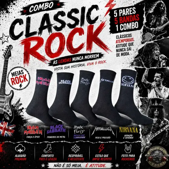 Kit 5 Pares Meias Rock de Algodão Atoalhado Bandas Classic Rock Heavy Metal Cano Alto