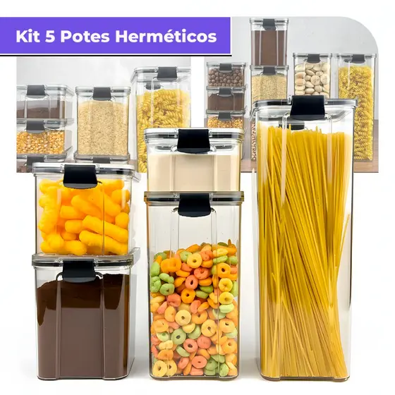 Kit 6 Potes Herméticos com Trava Reforçada 100% Vedado para Mantimentos Cozinha