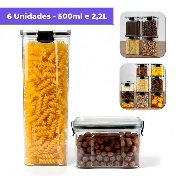 Kit 6 Potes Herméticos 2,2L e 500ml com Trava Reforçada 100% Vedado para Mantimentos