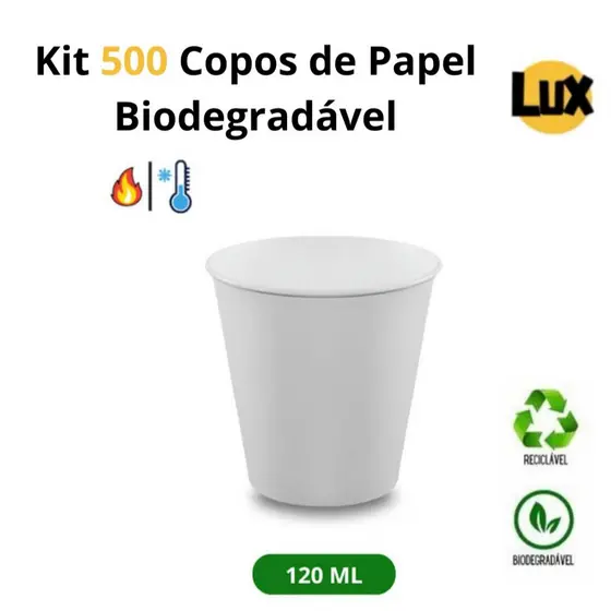 Kit 500 Un Copo 120ml Ecológico de Papel Biodegradável, Chá/ Café/ Chocolate | BRANCO