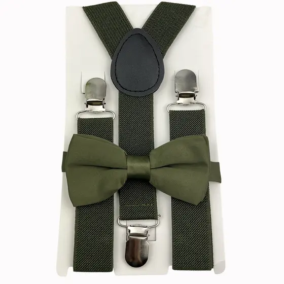 Kit Gravata Borboleta Verde Oliva + Suspensório Infantil Pajem Casamento
