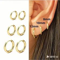 3 pares de argolinhas em aço Brincos - INOX Dourado ou Prata 8mm,10mm,12mm