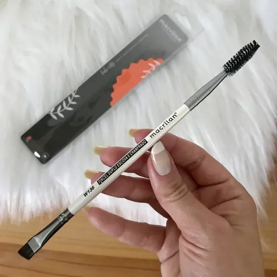 Pincel Profissional Duplo W136 Macrilan Escova e Chanfrado para Sobrancelhas e Olhos Pincel Profissional Duplo