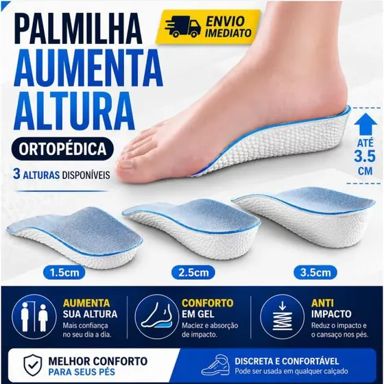 Palmilha Ortopédica Aumento de Altura Calcanhar em Gel Macio 1,5 a 3,5cm