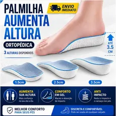 Palmilha Ortopédica Aumento de Altura Calcanhar em Gel Macio 1,5 a 3,5cm