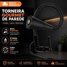 Torneira Cozinha Flexível de Parede Preta Fosca 2 Tipos de Jato Cano Ajustável Flexível 1/4 de Volta