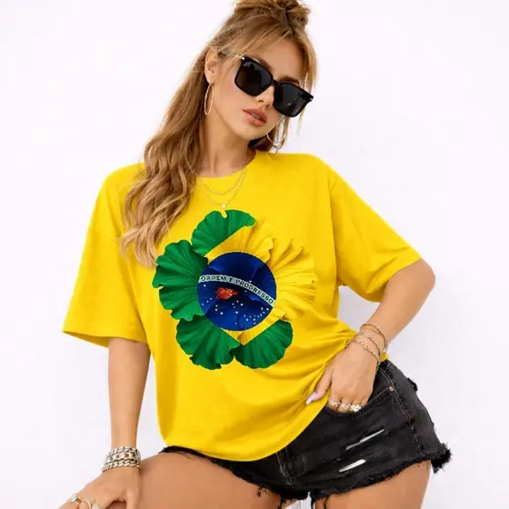 Camiseta Feminina Flor Brasil Copa Mundo 100% Algodão T-Shirt Street Wear