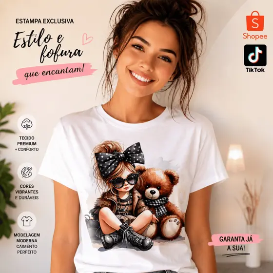 Camiseta Feminina Ursinho Menina Óculos Laço Estampa Tshirt Feminina Estampa Urso Blusa Feminina