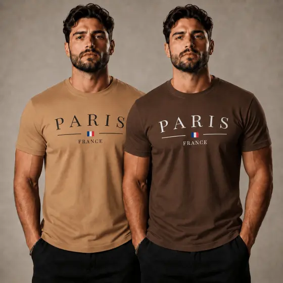 Kit 2 Camiseta Paris France Masculina 100% Algodão Penteado Premium Estampa Casual Confortável