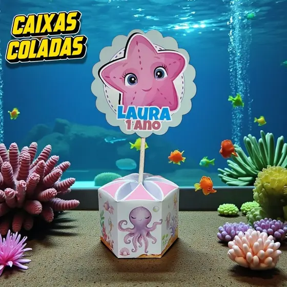 Centros de Mesa Sextavado Fundo do Mar Menina | Decoração Festa Infantil | Já Montado e Colado