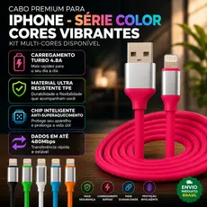 Cabo Carregador Lightning Turbo 1.2M Colorido Emborrachado Reforçado Celular iPhone 11 12 13 14