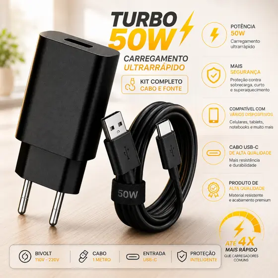 KIT Carregador Turbo 50W Tipo C Para Celular Android Fonte e Cabo USB-C Resistente