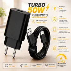 KIT Carregador Turbo 50W Tipo C Para Celular Android Fonte e Cabo USB-C Resistente